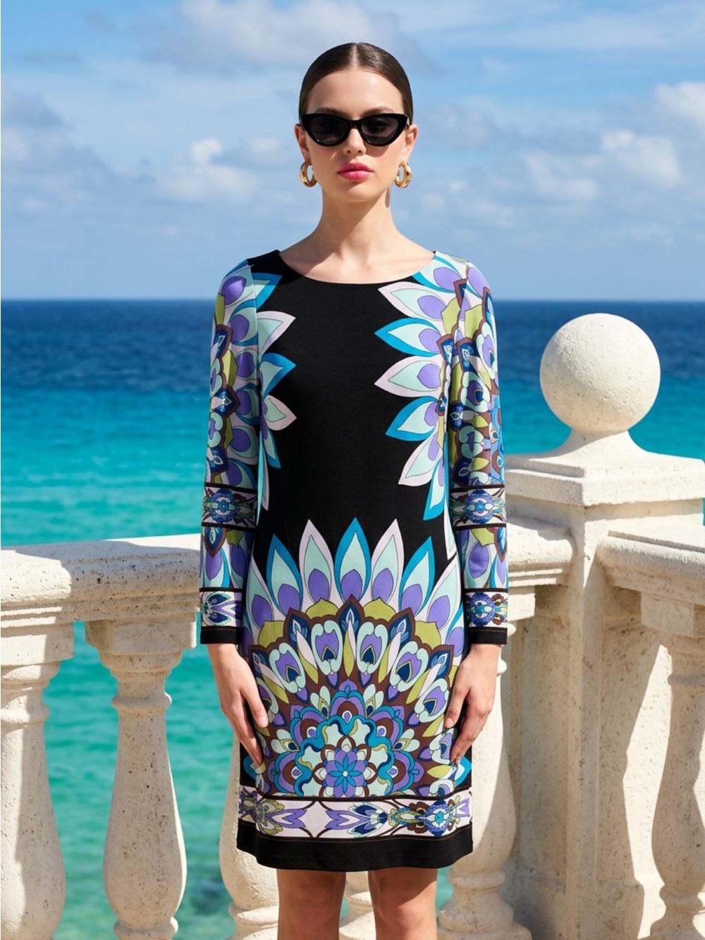 Enfocus Studio Black Midi Dress with Blue, Purple & Green Floral Medallion